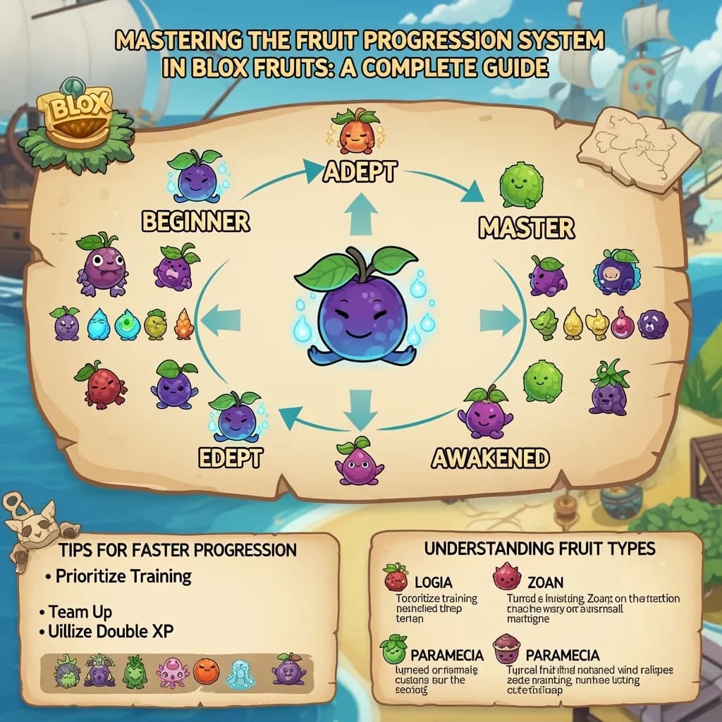 Blox Fruits progression system interface showing fruit abilities and upgrades